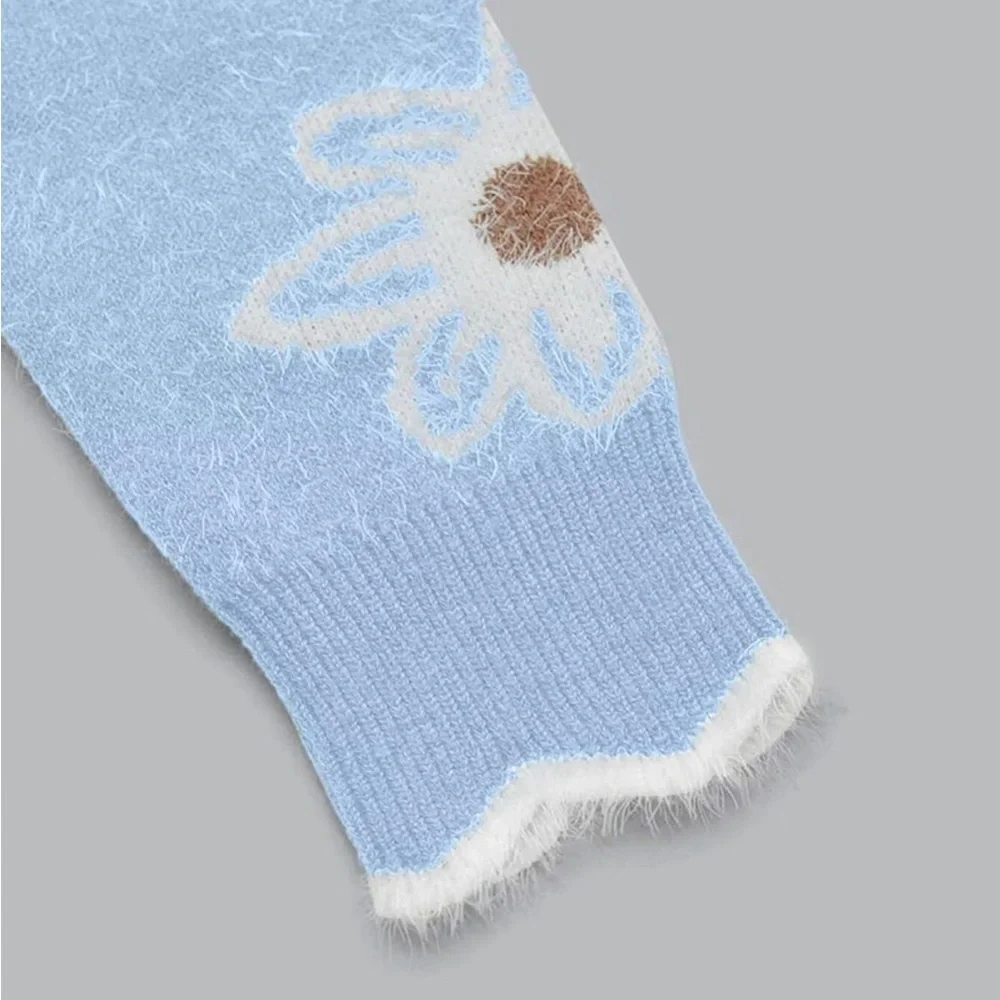 Light Blue Floral Fuzzy V-Neck Sweater - Picture 3 of 6